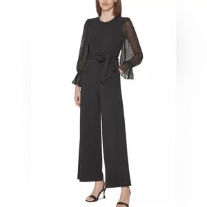 Calvin Klein Women's Black Belted Chiffon Sleeve Jumpsuit Flare Leg S